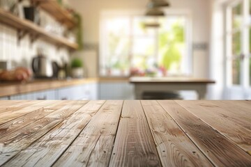 Empty wooden tabletop with blurred kitchen background, Kitchen template Series 