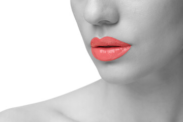 Canvas Print - Woman with beautiful lips, closeup. Black and white effect with color accent