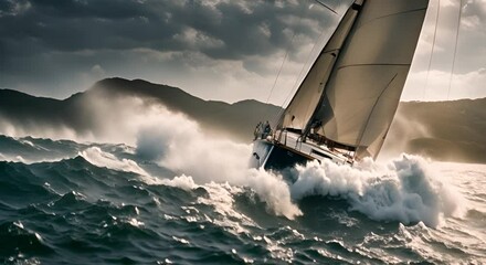 Wall Mural - Sailboat rough sea waves adventure maritime ocean sailing water navigation boat storm yacht travel nautical challenge marine ship voyage dramatic coast weather watercraft journe 4k animation