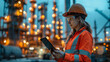 © khonkangrua - Female engineer in safety gear using a tablet at an illuminated industrial plant during the evening.