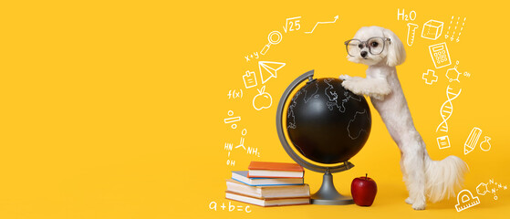 Canvas Print - Cute dog, globe, apple and stack of books on yellow background with space for text. Back to school