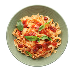 Wall Mural - Delicious pasta with tomato sauce and basil in bowl isolated on white, top view