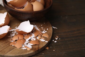 Wall Mural - Pieces of broken eggshells on wooden table, closeup. Space for text