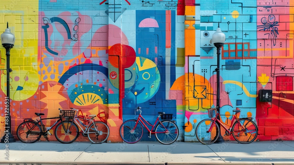 cans with spray paint and ladder near colorful graffiti on wall of ...