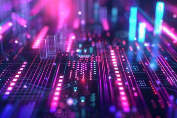 Poster - The background of a futuristic technology background is adorned with glowing neon lights and circuit boards.