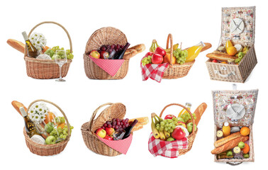 Wall Mural - Wicker rattan baskets with picnic foods isolated on white, set