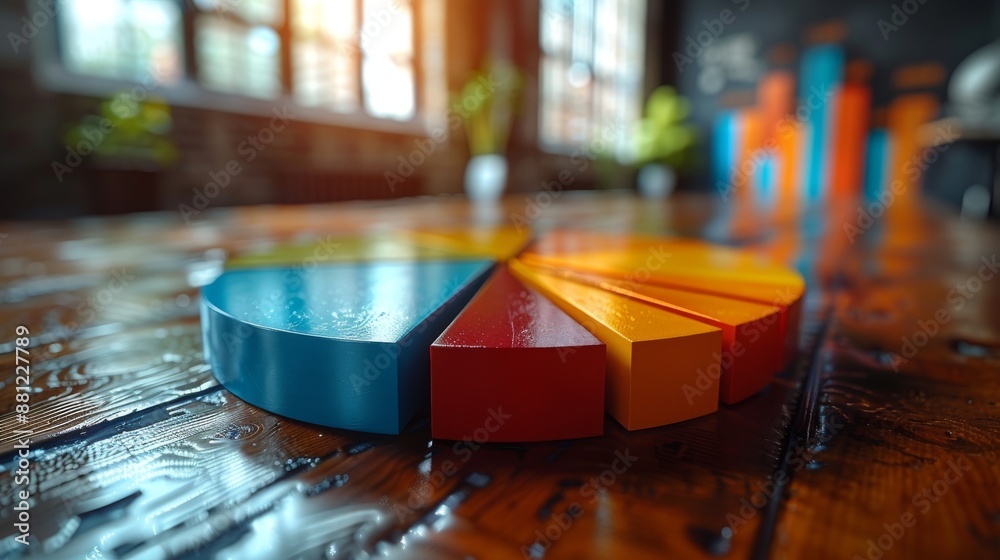 In a modern office setting, colorful charts and graphs are displayed on ...