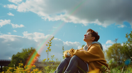 Happy gay non-binary person breathing fresh air outdoors in nature meditating outside practicing wellness meditating deep breathing. Blue sky and rainbow. Inclusive trans pride	