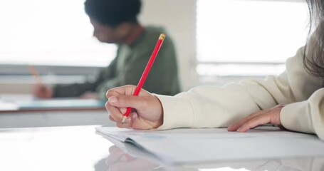 Canvas Print - Girl, hands and writing a test in class, education and book for notes to study or project at school. Female person, assignment and learning at academy, knowledge and lesson for student development