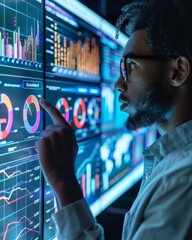 Analyzing data, analyst displaying key trends on a large screen, team closely watching