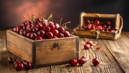 Wall Mural - Cherries in an aged wooden box