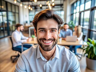 headshot portrait of smiling millennial male employee talk on video call or web conference in cowork