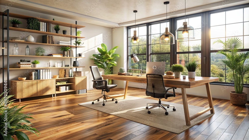 Contemporary workspace features wooden laminate flooring, natural ...