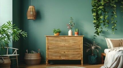 Wall Mural - Innovative bedroom design with rattan dresser contemporary decor personal items eucalyptus green wall Template with empty space