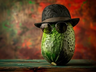 Sticker - A cucumber wearing a hat and sunglasses. AI.