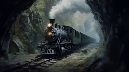 A steam locomotive capturing the grandeur of historical rail travel as it emerges from a dark, rocky tunnel with billowing smoke and a sense of adventure.