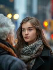 Sticker - A young woman is looking at an older woman. AI.