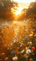 Poster - A field of flowers in the morning sun. AI.