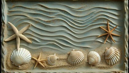 Canvas Print - A picture of a wall with shells and waves on it. AI.