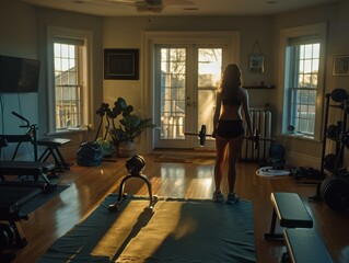 Wall Mural - A woman works out in her home gym. AI.