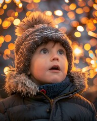 Canvas Print - A young boy wearing a winter hat looks up at the Christmas lights in awe. AI.