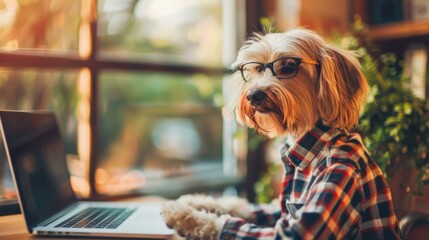 Sticker - A dog wearing a plaid shirt and glasses is sitting at a desk and looking at the camera. AI.