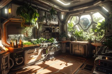 Wall Mural - Futuristic kitchen with plants growing inside a spaceship. AI.