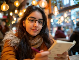 Canvas Print - A young woman wearing glasses is writing in her notebook. AI.