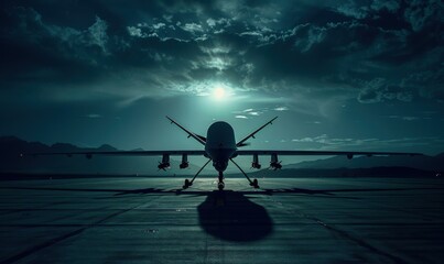 Poster - A large military drone sitting on the runway at night. AI.