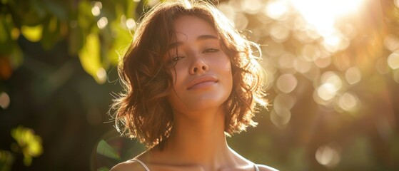 Canvas Print - Portrait of a young woman with short brown hair smiling in the sunlight. AI.