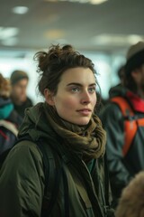 Poster - A woman with a backpack standing in line at the airport. AI.