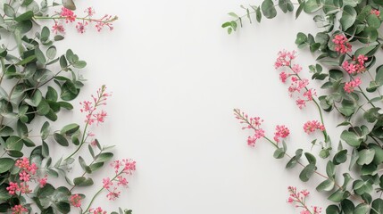 Wall Mural - Pink flowers and eucalyptus wreath on white background with space for text top view