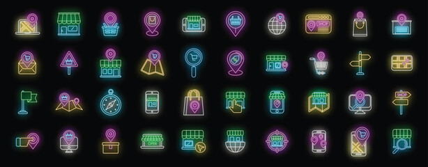 Poster - store locator icons set outline vector. office travel. area map neon color on black