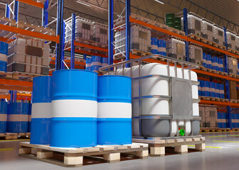 Poster - Barrels inside distribution center. Chemical products warehouse in hangar. Storehouse interior without anyone. Barrels of petrolium on flights. Chemical warehouse with multi-tiered shelves. 3d image