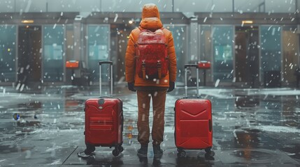 Wall Mural - A traveler stands ready on a wet pavement with red suitcases during snowy weather, preparing for a winter journey.