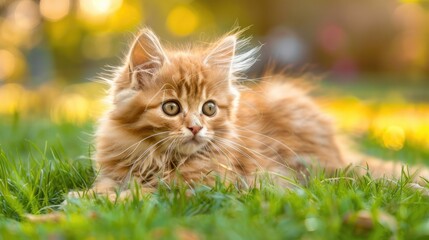 Fluffy kitten lounges on summer grass in park for panoramic banner image