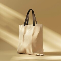 empty mockup, blank tote bag over light beige background, closeup isolated studio shot, ultra-realistic, hyper-detailed, shot on Sony aiii high resolution digital camera, Cinematic, generative ai