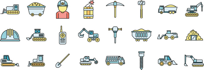 Poster - quarry services icons set outline vector. auto carrier. car deliver thin line color flat on white