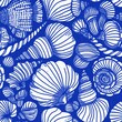 © Nautical - Azure blue white shell motif with linen seamless batik background, Modern coastal beach cottage rustic shell block print home decor pattern design in sealife beach style.