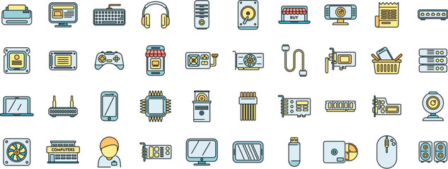 Poster - Computer store icons set outline vector. Online store. Marketplace order thin line color flat on white