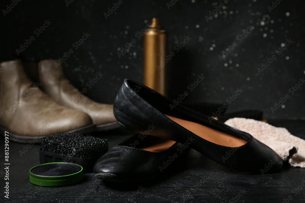 Brush, shoes, cloth and shoe polish on black background