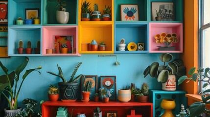 Poster - Wall adorned with colorful decor on shelves