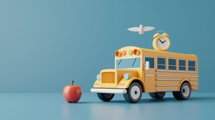 Poster - A yellow school bus with a clock on top and an apple on the ground