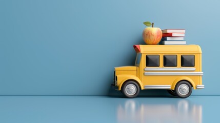 Poster - A yellow school bus with an apple on top and books on the roof