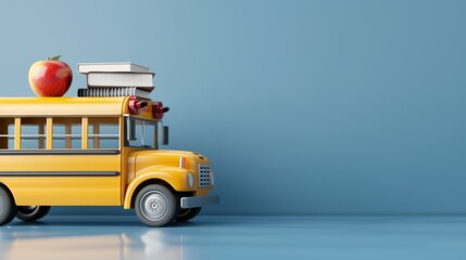 A yellow school bus with an apple on top of it