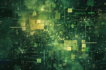 Poster - A green background with many squares and circles. The background is very busy and has a lot of detail