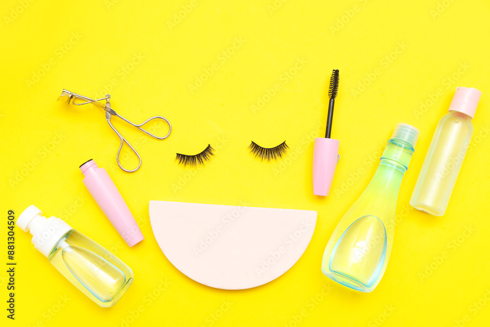 Composition with false eyelashes, curler and cosmetic products on yellow background