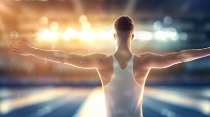 Poster - A man is standing in a stadium with his arms outstretched