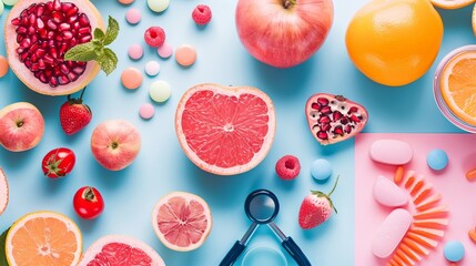 Wall Mural - A colorful assortment of fresh fruits, vitamins, and pills spread across a vibrant surface, representing healthy living and nutritional supplements.