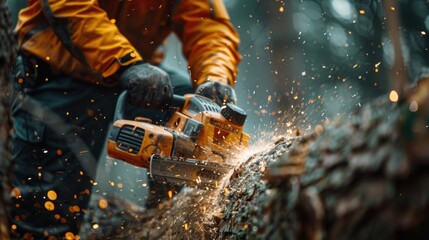 A man is cutting a tree with a chainsaw. The chainsaw is making a lot of noise and the tree is falling. The man is wearing a yellow jacket and gloves